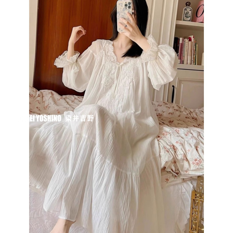 Japanese Somei Yoshino Hepburn-Style Wedding Nightgown Women's Dressing Gown Spring and Autumn Pure Cotton Palace Lace Princess Style Japanese Somei Yoshino Hepburn-Style Wedding Nightgown Women's Dressing Gown Spring and Autumn Pure Cotton Palace Lace Princess Style