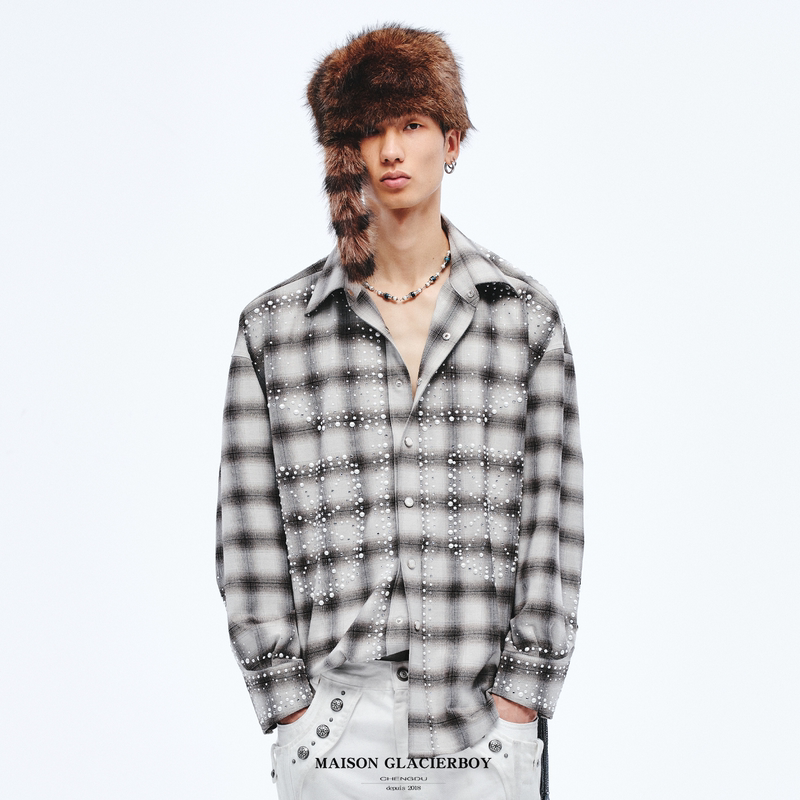 Glacierboy | Japanese Imported Fabric, Rhinestone Long-Sleeve Shirt, Niche Oversize Silhouette, Drop Shoulder Top