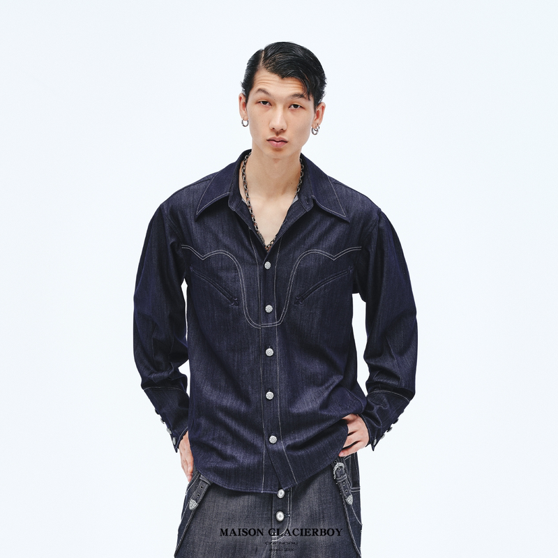 Glacierboy | Washed Raw Denim Shirt with Unique Design, Contrasting Color Topstitching, Can Be Layered, Long-Sleeved Shirt Glacierboy | Washed Raw Denim Shirt with Unique Design, Contrasting Color Topstitching, Can Be Layered, Long-Sleeved Shirt