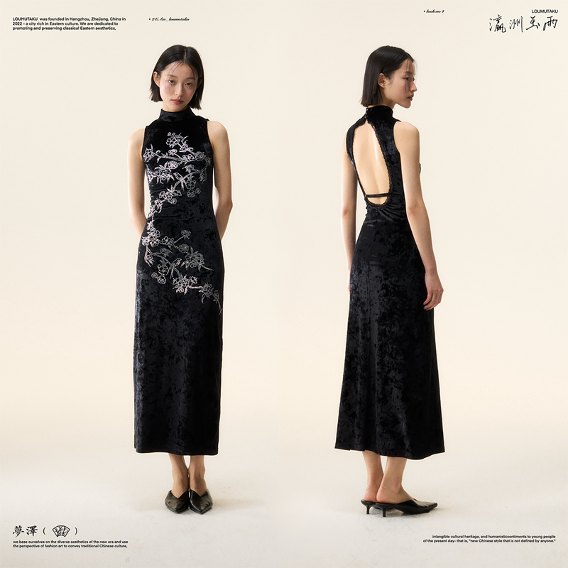 Loumutaku Mengze "Jade Spring Sunshine" New Chinese Style Floral and Bird Appliqué Rhinestone Backless Velvet Cheongsam Dress Loumutaku Mengze "Jade Spring Sunshine" New Chinese Style Floral and Bird Appliqué Rhinestone Backless Velvet Cheongsam Dress
