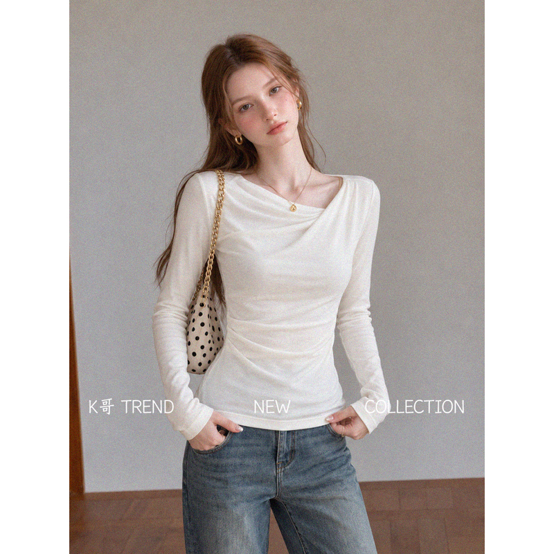 Intellectual and Simple Style, Off-Shoulder Long-Sleeve T-Shirt for Women, Early Autumn, White, Slim-Fit, Waist-Cinching, Basic Korean Style, Elegant Top ins