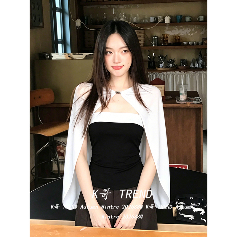 Fake Two-Piece Color-Blocked Cape-Style Shawl Top for Women, Summer Style, Stylish and Sexy, Tube Top, Waist-Cinching, Slimming, Batwing Sleeve T-Shirt