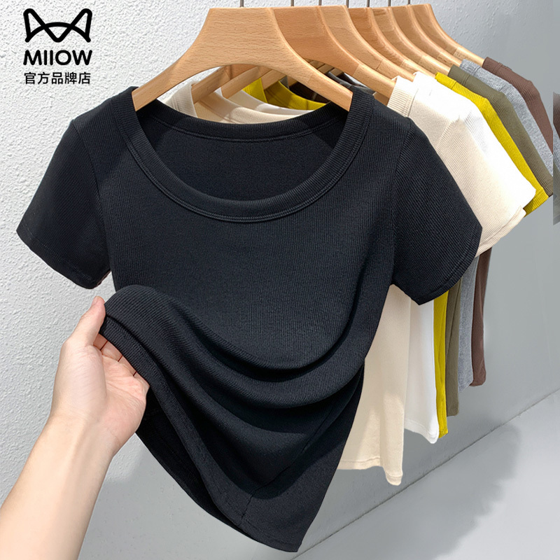 Catman Brand Women's Short-Sleeve Base Shirt for Summer 2026, New Ribbed Slim-Fit Fashionable Black Knit Top for Petite Women