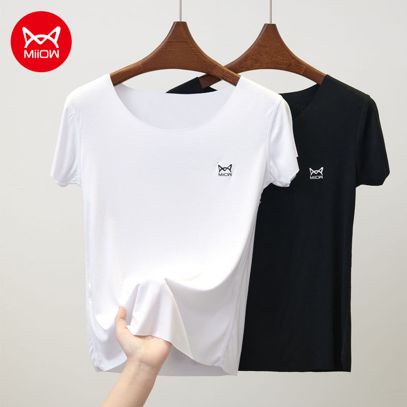 Cat person Modale short sleeve female summer large code No-mark round collar inner lap pure colour cotton beating bottom face mask t-shirt half sleeve blouse-Taobao