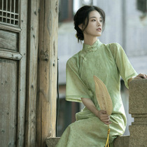 Chinese style elegant large size mm fat qipao long style fresh and elegant large sleeves improved open forks with delicate high-end one-piece dress