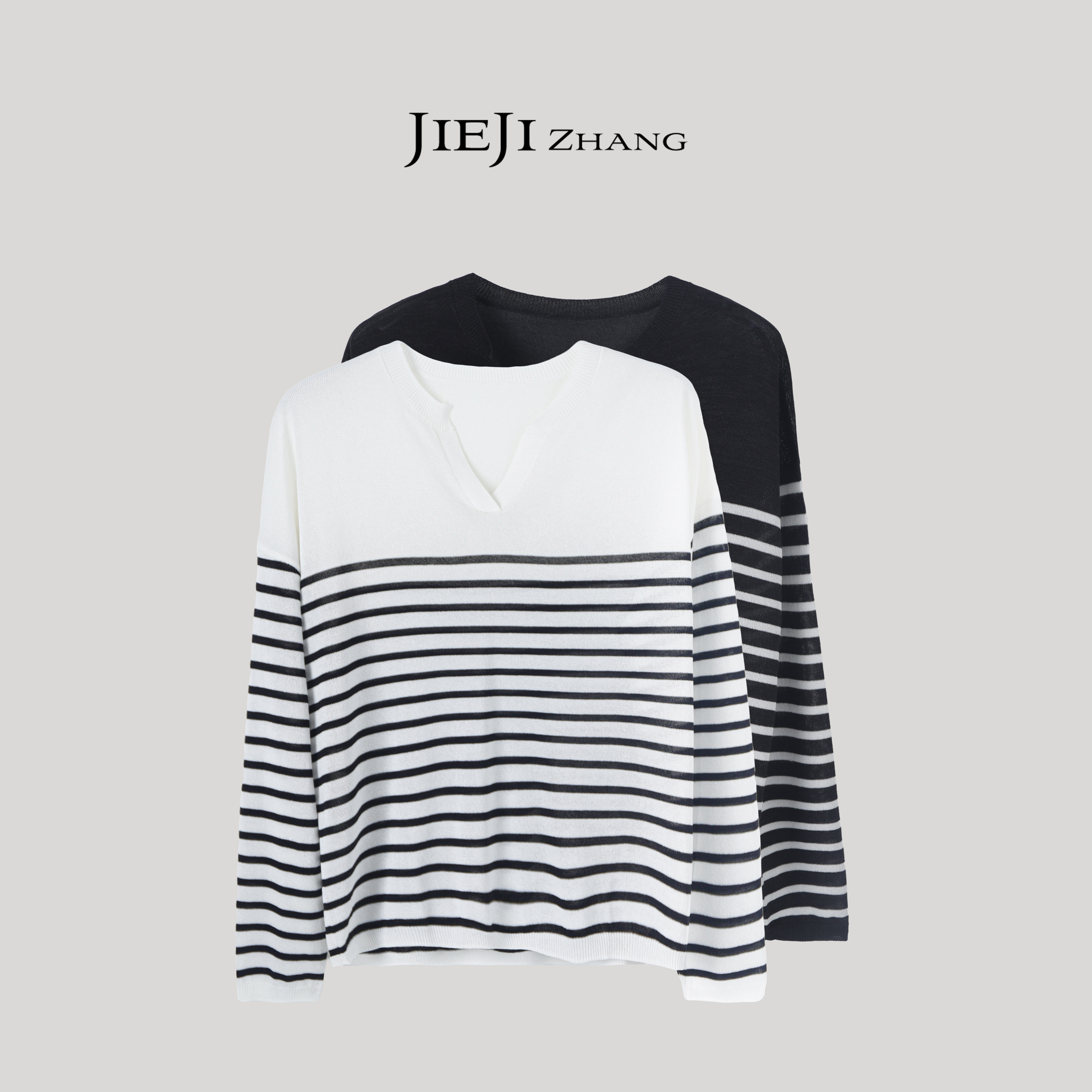 张琪JIEJI春夏高级定制时尚百搭日常通勤V领条纹长袖T恤休闲上衣
