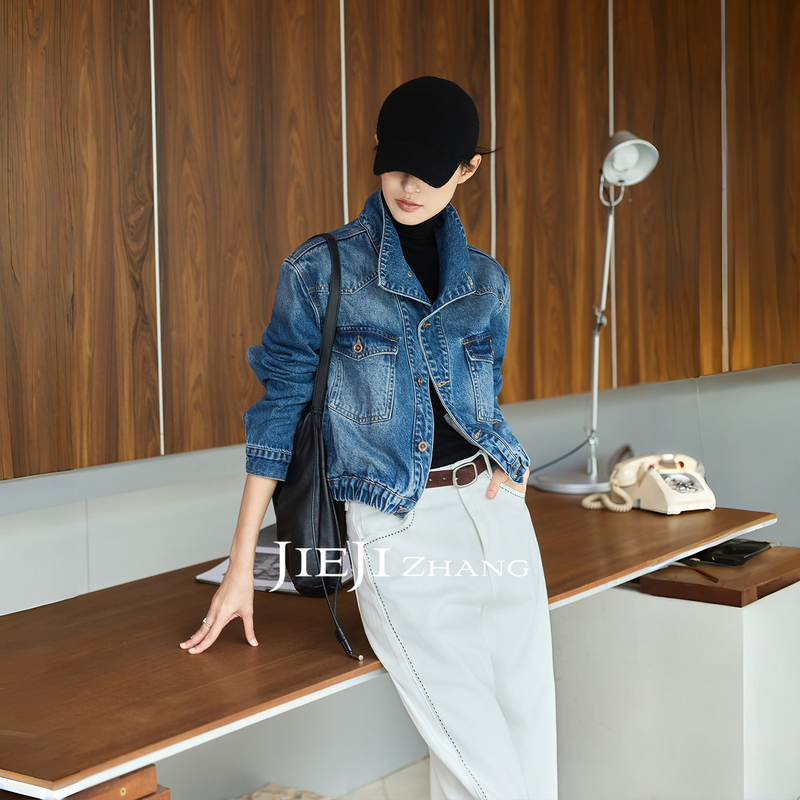 Zhang Qi Jieji Zhang【Blues Moment】Autumn Vintage Washed Denim Jacket with Turn-Down Collar and Waist-Cinching Shirt Zhang Qi Jieji Zhang【Blues Moment】Autumn Vintage Washed Denim Jacket with Turn-Down Collar and Waist-Cinching Shirt