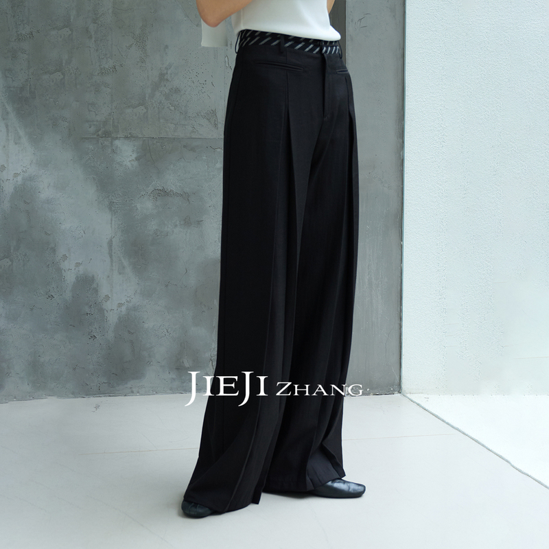 Zhang Qi Jieji Zhang Autumn Lyocell Black Wide-Leg Pants with Color-Block Waistband, Thin Casual Floor-Length Pants