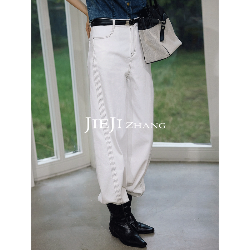 Zhang Qi Jieji Autumn New Style Old Money Design Loose High-Waisted Straight White Denim Pants for Women