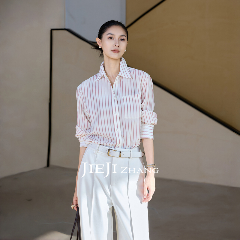 Zhang Qi Jieji Zhang【Qianyu Striped】Autumn Lapel Long Sleeve Top Pink Striped Shirt Jacket