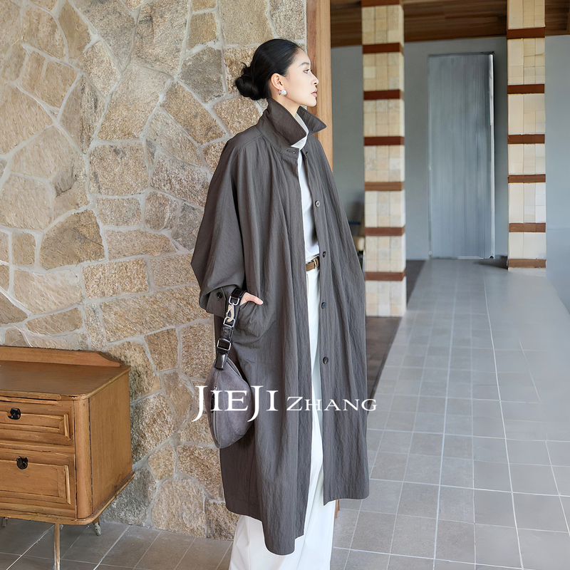 Zhang Qi Jieji Zhang【Tingye】Oversized Lapel Batwing Sleeve Trench Coat Simple Japanese Style Long Coat for Women