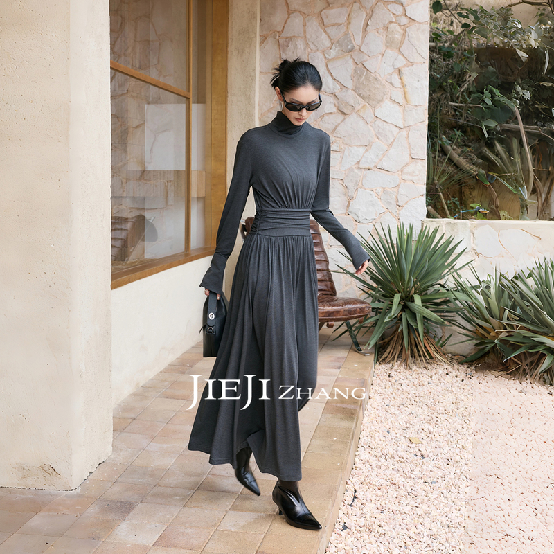 Zhang Qi Jieji Zhang【Mountain Evening Breeze】Autumn and Winter Half-High Collar Long-Sleeve Dress, Waist-Cinching Gray Long Dress