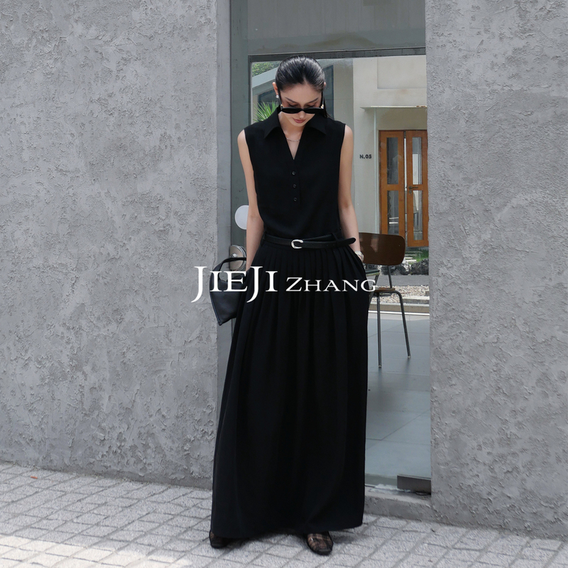 Zhang Qi Jieji【Twilight Ripple】Summer Simple Linen Dress, Elegant and Slim-Fitting High-Waisted Black Long Dress