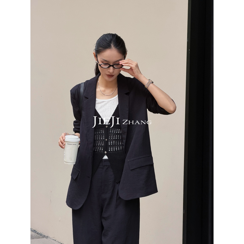 Zhang Qi Jieji【Urban Strolling】Black High-End Versatile Acetate Design Casual Blazer Suit Jacket