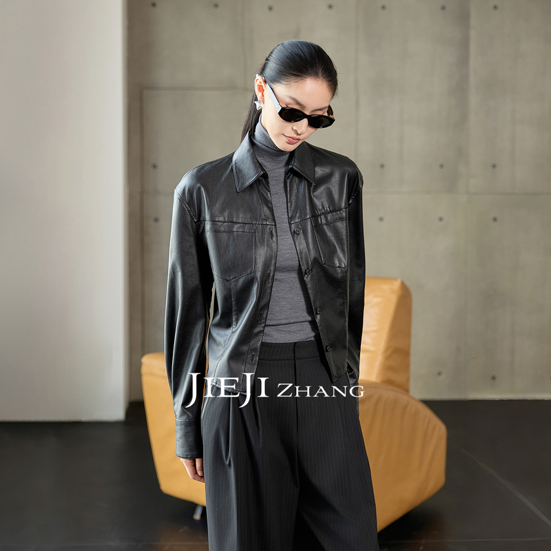 Zhang Qi Jieji Zhang【Yao Ying】Autumn Black Leather Shirt with Lapel, Waist-Cinching Protein Leather Jacket for Women