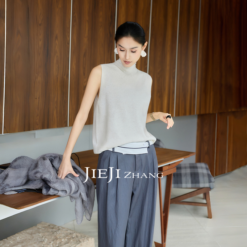 Zhang Qi Jieji Zhang【Fuzzy Wool】Autumn Wool Half-Turtleneck Sleeveless Vest Cashmere Knitted Vest