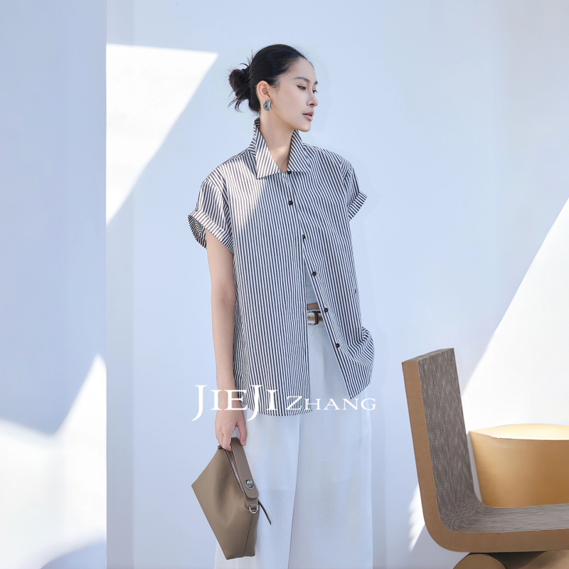 Zhang Qi Jieji Zhang100 Cotton Black and White Striped Shirt Vintage Lapel Thin Short-Sleeved Women's Shirt Jacket