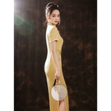 Летнее легкое элитное элегантное ретро желтое длинное ципао, коллекция 2023, светлый стиль, премиум класс
