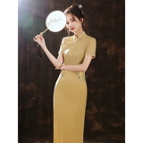 Летнее легкое элитное элегантное ретро желтое длинное ципао, коллекция 2023, светлый стиль, премиум класс