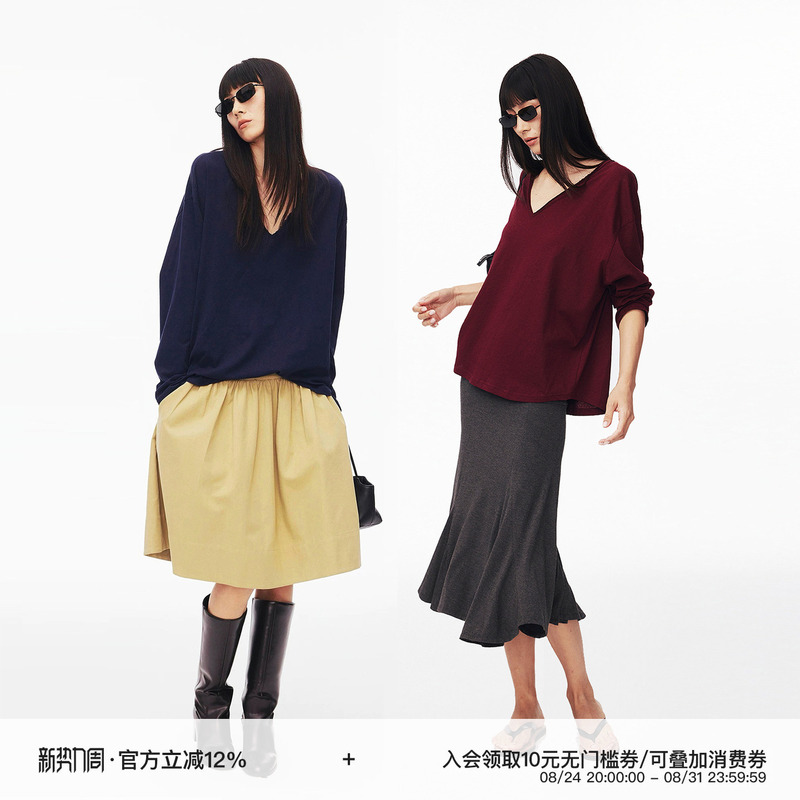 Curri and Cotton-Linen Reversible Rolled Hem Deep V-Neck Drop Shoulder Loose Stackable Long-Sleeve T-Shirt Top Curri and Cotton-Linen Reversible Rolled Hem Deep V-Neck Drop Shoulder Loose Stackable Long-Sleeve T-Shirt Top