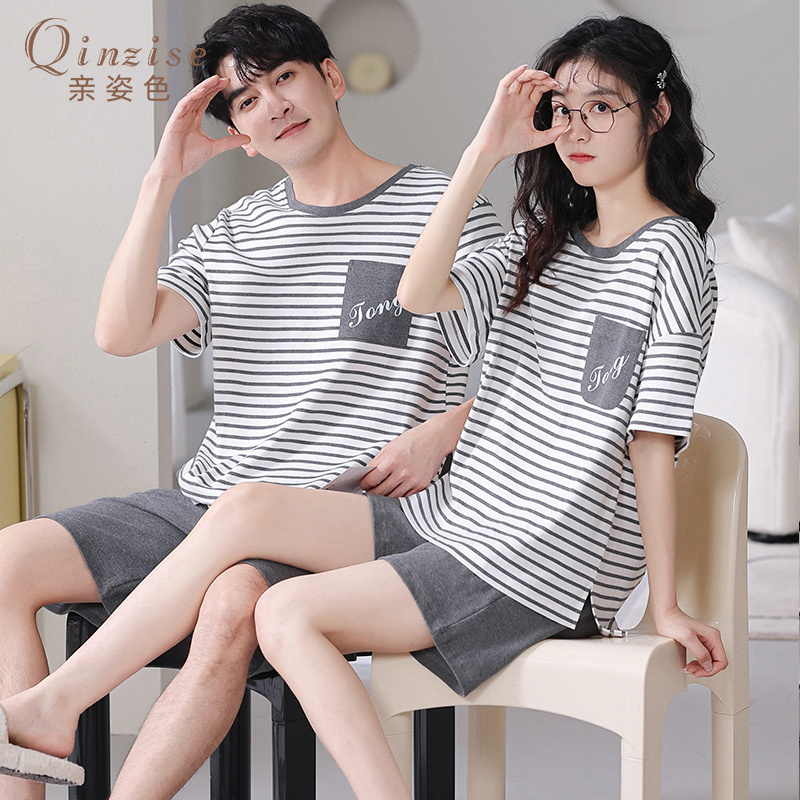 Couple Pajamas Summer Pure Cotton Thin Short-Sleeved 2026 New Striped Casual Large Size Men's and Women's Home Wear Set