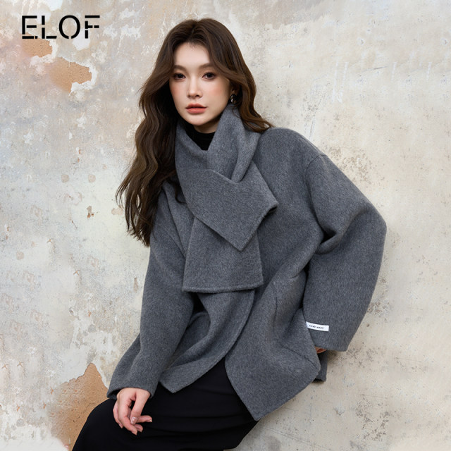 ELOF temperament double-sided woolen coat for women Korean version 2023 new silhouette high-end gold style detachable scarf