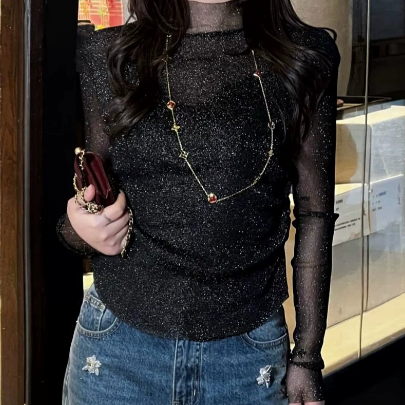 Light Luxury Fine Glittering Gold Mesh Base Shirt, Half-High Collar, Double-Layer Design, Slim-Fit Long-Sleeve Top with a Layered Look Light Luxury Fine Glittering Gold Mesh Base Shirt, Half-High Collar, Double-Layer Design, Slim-Fit Long-Sleeve Top with a Layered Look