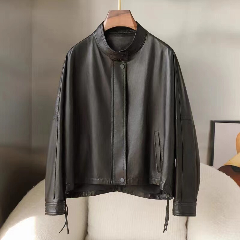 2025 Plus Size Women's Genuine Leather Jacket Haining Short Stand Collar Sheepskin Jacket for Chubby Moms mm 100kg Outerwear