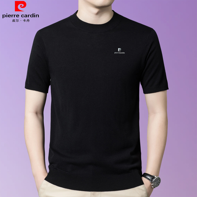 Cashmere Wool Mulberry Silk Short-Sleeved T-Shirt Men's Round Neck Fine-Knit Knitwear Pierre Cardin Four-Season Casual Knitwear