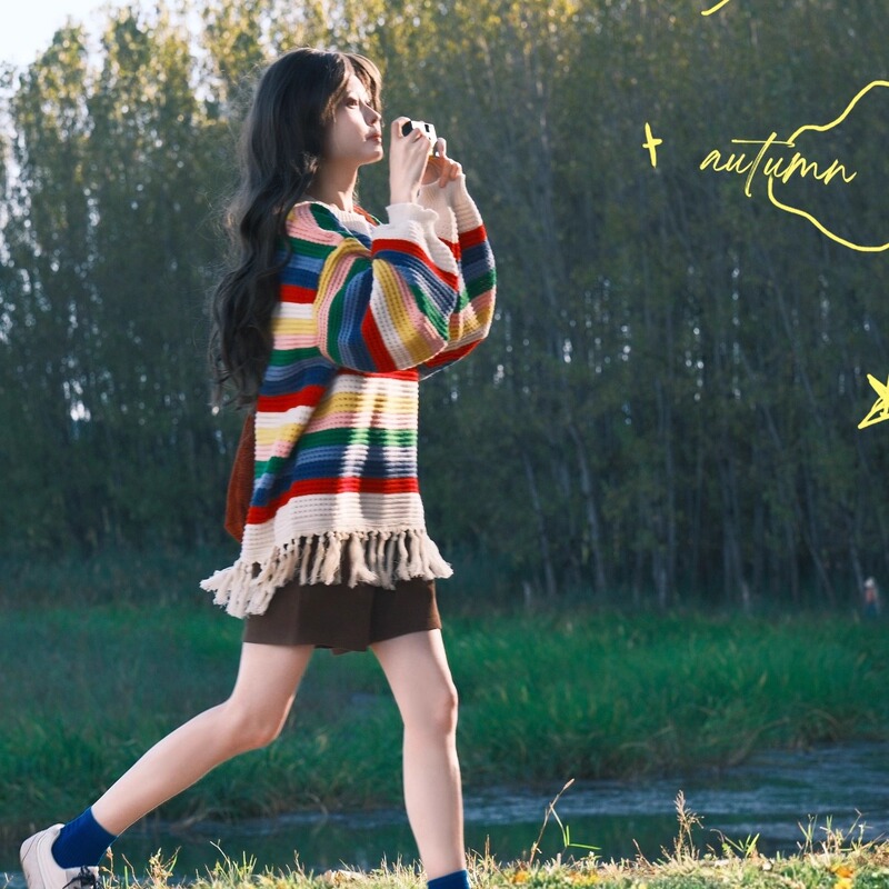 Yunnan Dali Lijiang Xinjiang Grassland Travel Outfit Dopamine Colorful Striped Sweater Tassel Knit Top Autumn