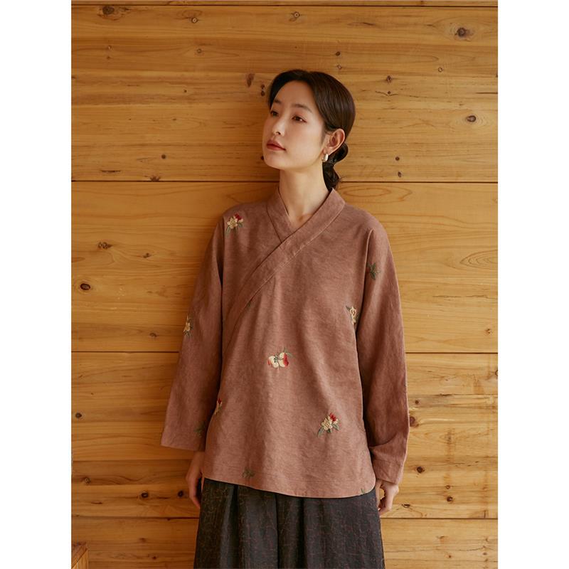 Aolai [Shan Yun] Auspicious Feather 34mm Silk and Linen Embroidered Improved Hanfu Cross-Collar Chinese-Style Top