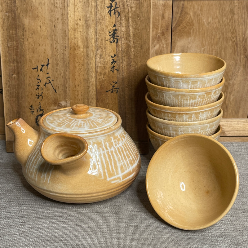 日本萩烧十二代坂仓新兵卫茶具一套一壶六杯茶壶侧把壶茶杯汤吞