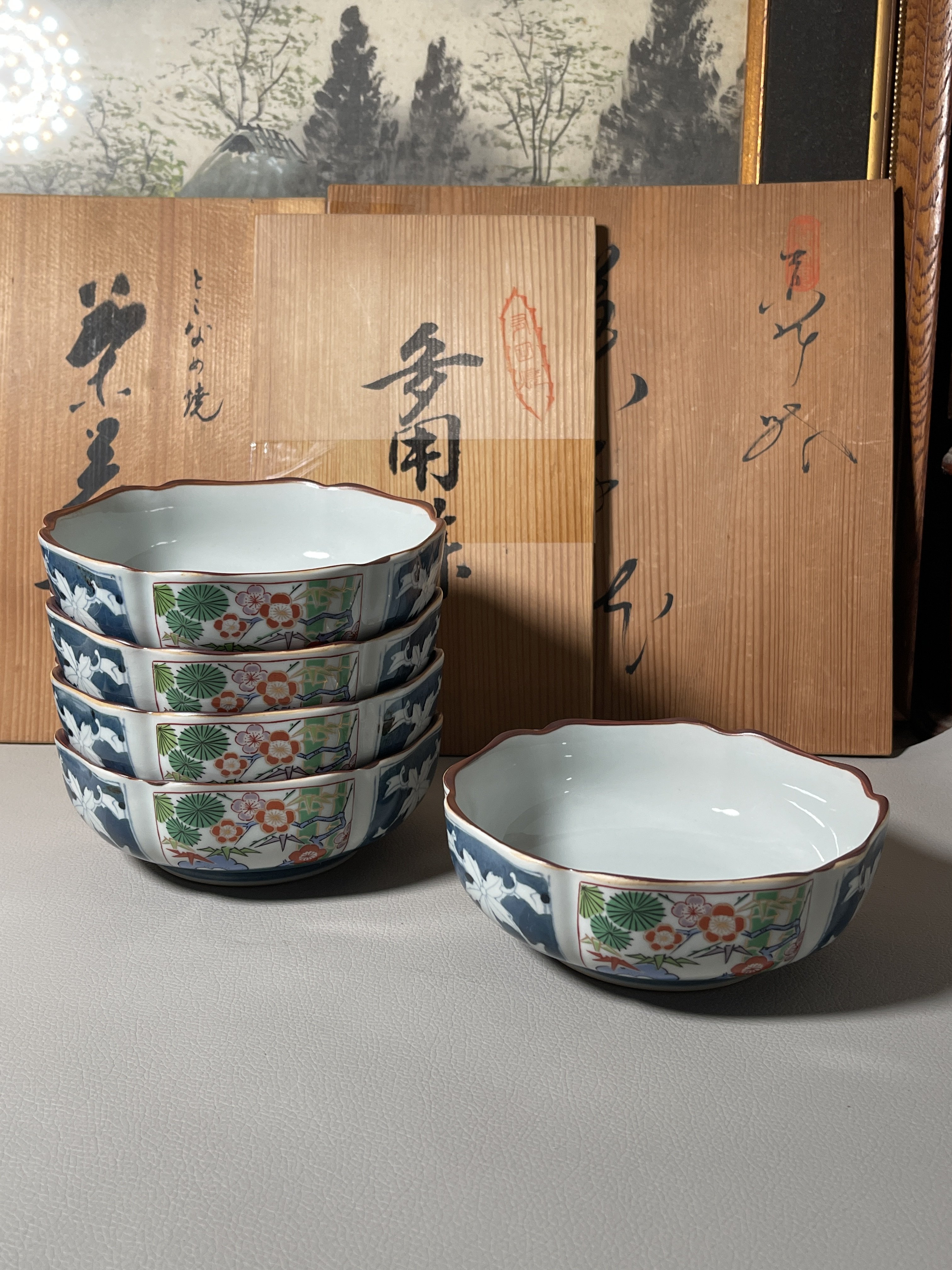 日本名家杏纯手作手绘 花卉 纹花口碗五只 钵碗