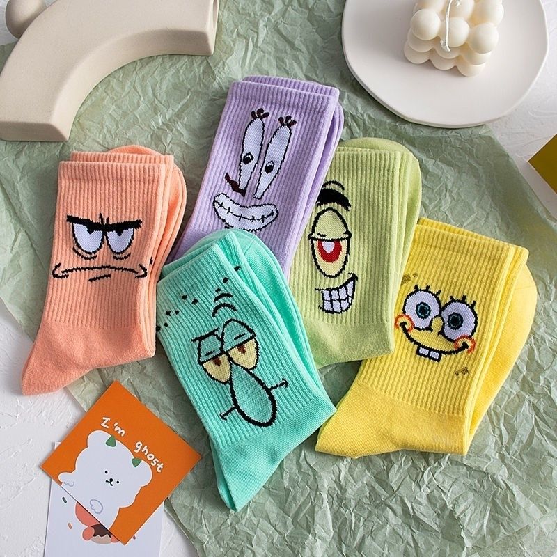 Spongebob Squarepants Expression Socks, Mid-Calf Socks for Men and Women, Trendy Couple Cotton Socks, Autumn and Winter Style, Student Korean Version