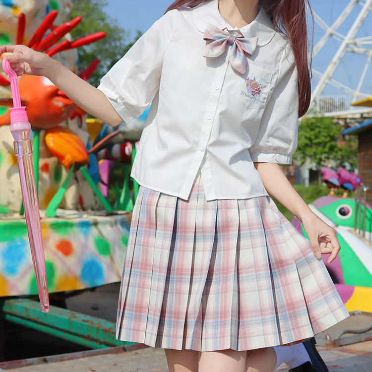(White peach sake)Original collocation embroidery cute doll sleeve JK uniform wild short-sleeved shirt