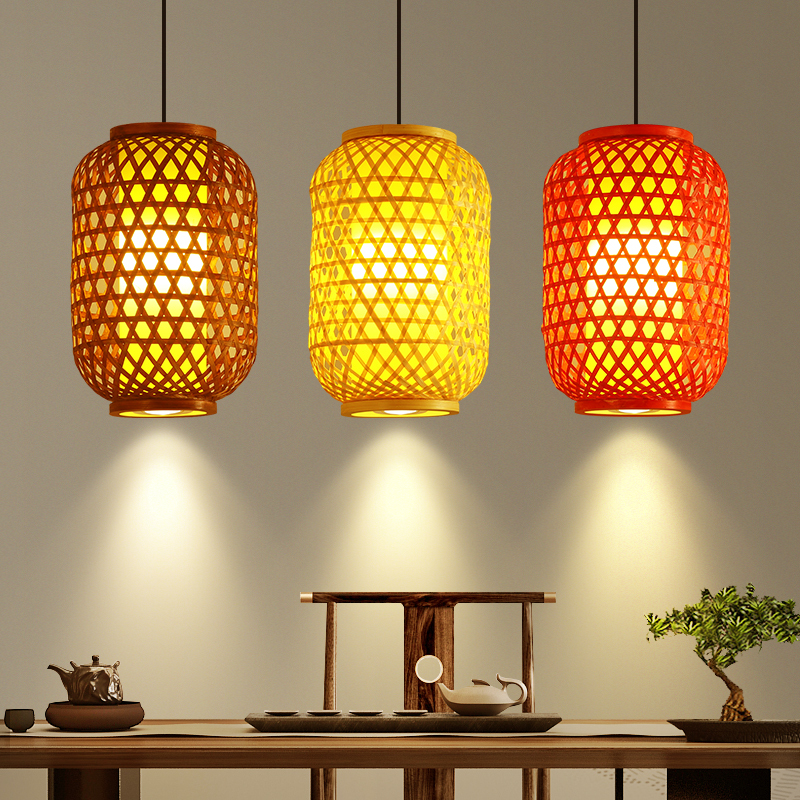Chinese-Style Bamboo Lantern Chandelier for Restaurants, Barbecue and Hot Pot Restaurants, Printed Antique-Style Woven Bamboo Lampshade for Outdoor Use
