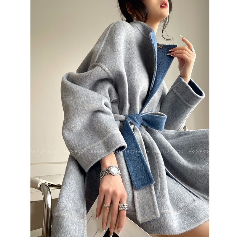 2025年冬新作韓国ブルーフルウールコートダブルフェイスカシミアグレーミディアム丈ウールコートレディース