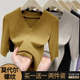 Solid color v-neck five-quarter sleeve women's 2025 spring and autumn slim fit inner layered shirt Western style threaded mid-sleeve top