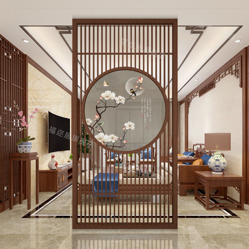 New Chinese-style solid wood screen partition living room entrance flower grille mobile partition modern simple office sitting screen