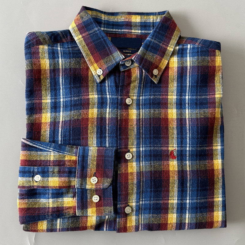 The new rl matte yellow and blue checkered shirt for men is a classic, retro American old-fashioned style fitted checkered shirt