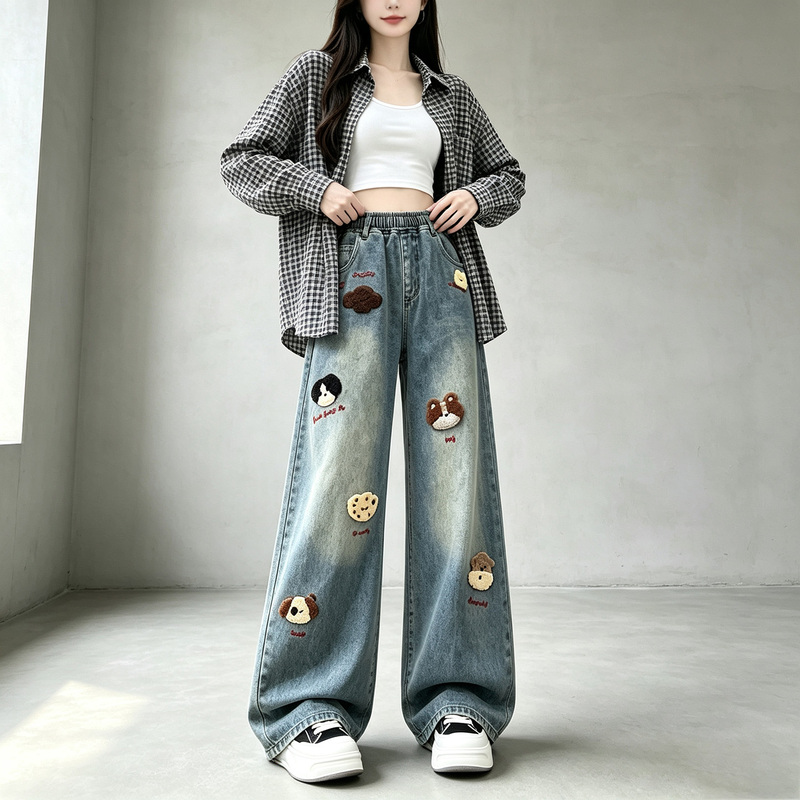 Street-Style Playful Oversized Denim Pants for Women, 2026 Autumn, Elastic Waist, Versatile, Dog Embroidery, Wide-Leg, Floor-Length Pants