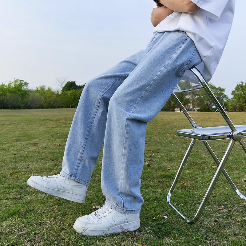 Street Fashion Brand Light Blue Jeans for Men, Summer Thin Loose Straight Pants, American High Street Casual Long Pants