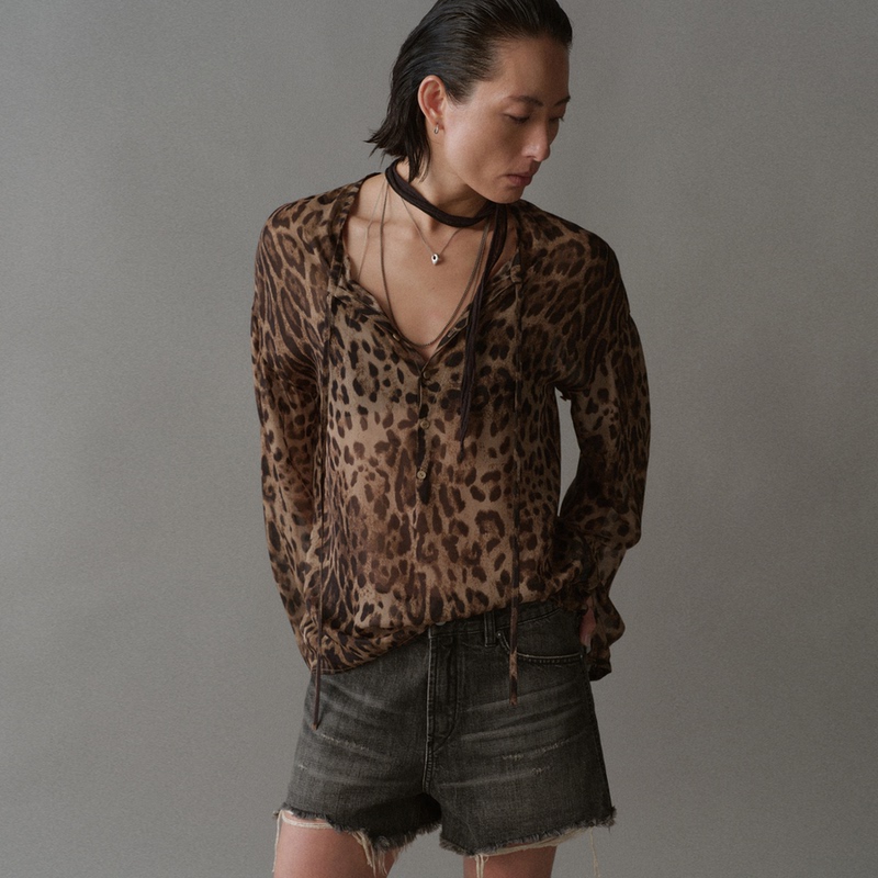 Liegee Leopard Leopard Print Henry Open-Neck Silk Shirt