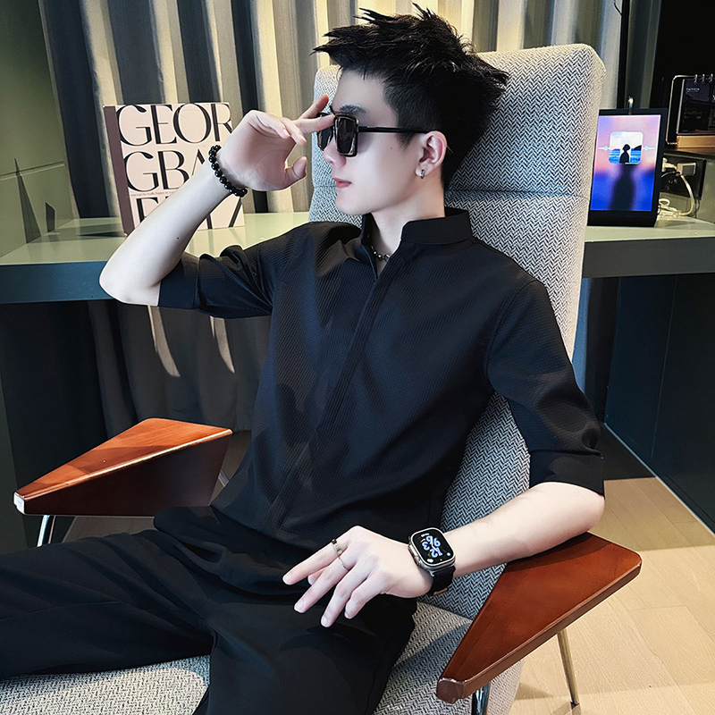 Men's Short-Sleeved Shirt, Summer Thin Ice Silk Stand-Up Collar Shirt, Men's 2026 New Casual Top, Stylish Shirt