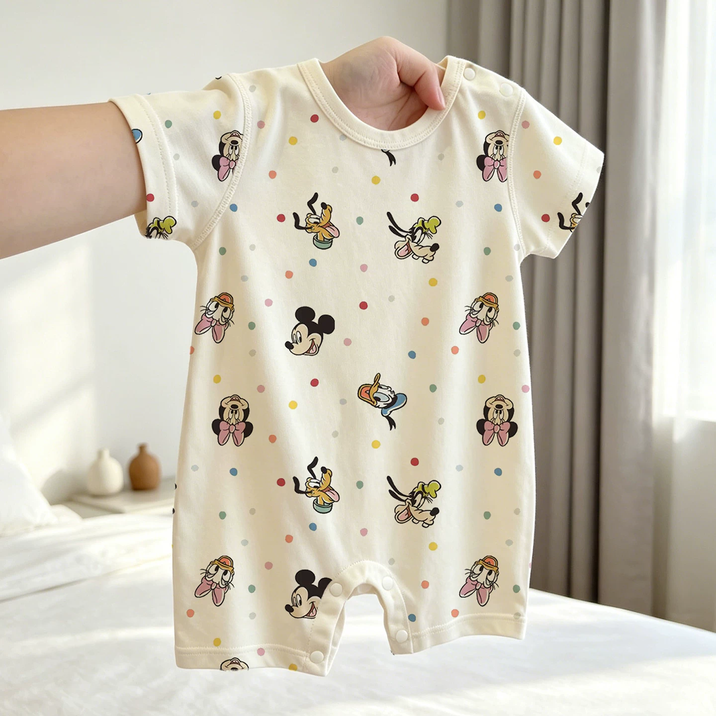 Диснейовский infant летом 2026 новый полностью хлопковый комбинезон для новорожденного, милый и комфортный костюм