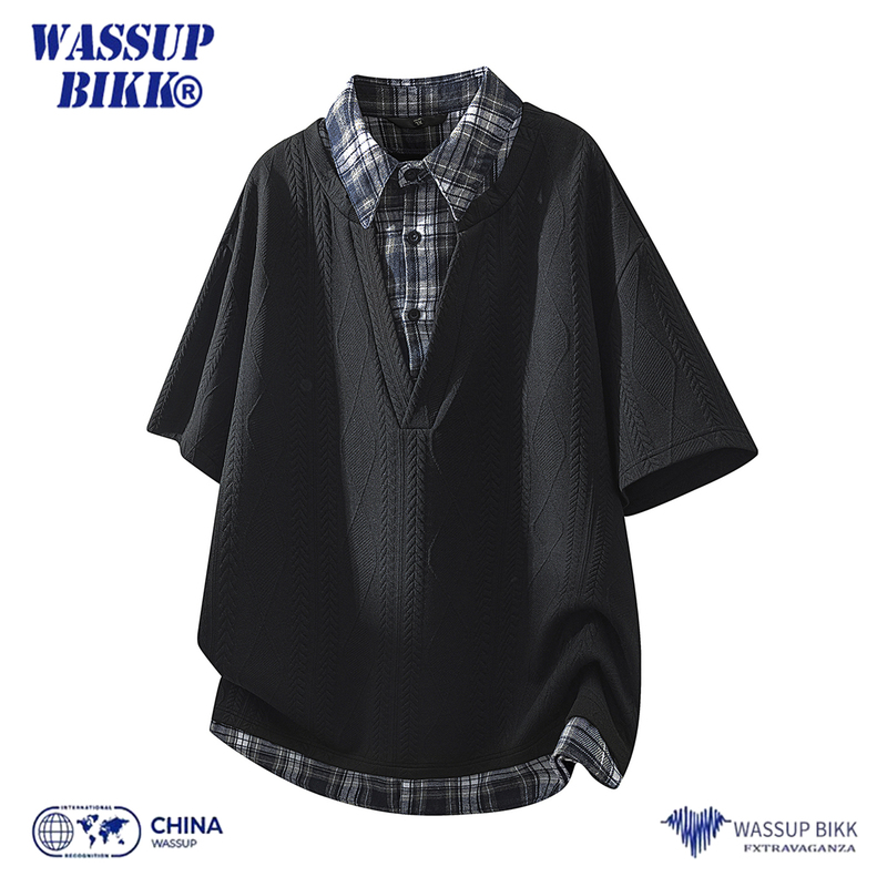 Wassup Bikk Fake Two-Piece Patchwork Plaid Short-Sleeve Polo Shirt for Men, Summer Vintage Shirt Collar T-Shirt Top