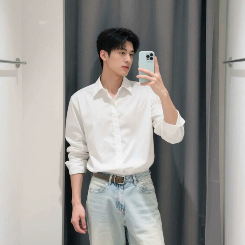 Autumn Slightly Stretchy Long-Sleeved White Shirt for Men, Solid Color Lapel, High-End Business Formal Wear, Simple Shirt, Casual Jacket