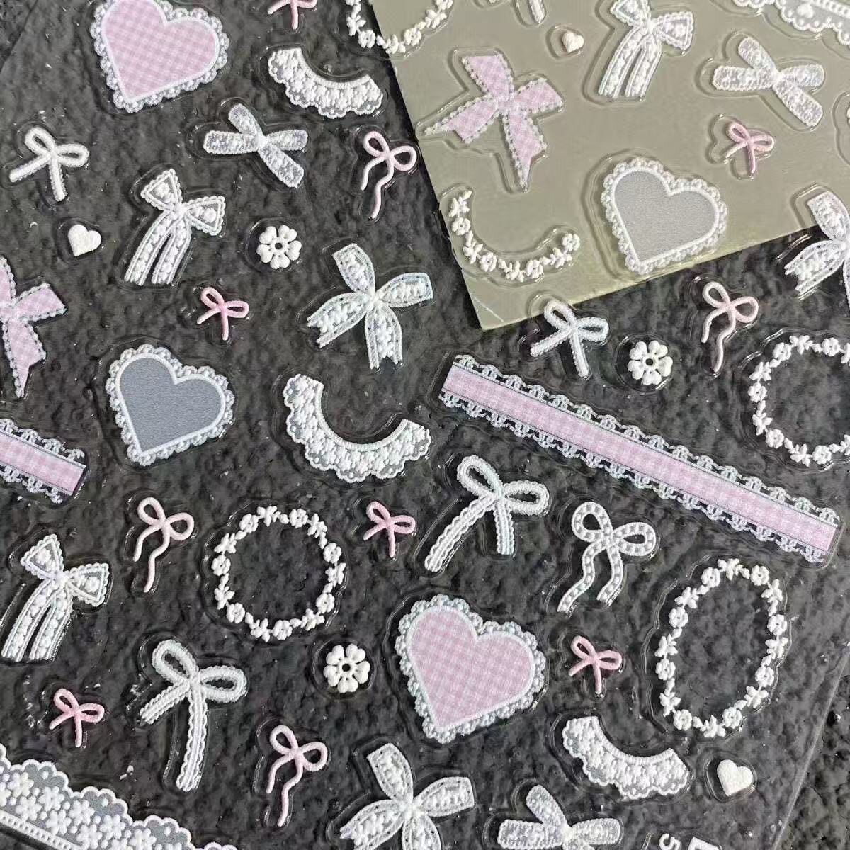 ins高级浮雕少女蝴蝶结蕾丝贴纸美甲指甲少女纯欲立体