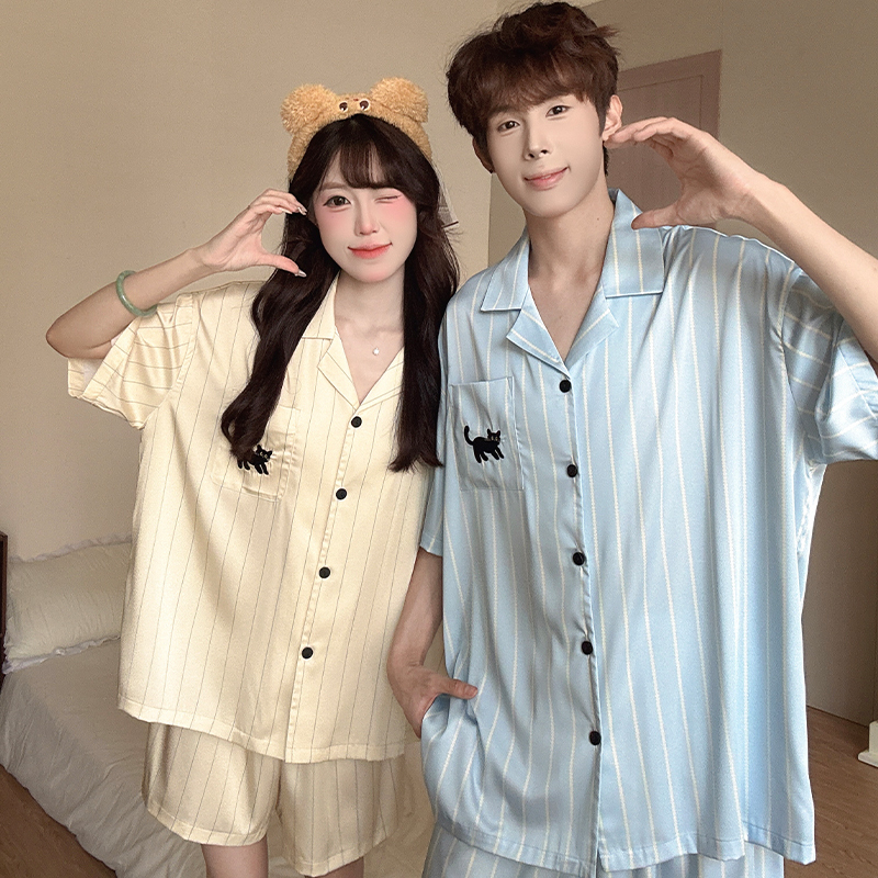 2026 New Striped Cat Couple Ice Silk Pajamas Women's Summer Short-Sleeved Men's Home Wear Set Spring and Autumn 2026 New Striped Cat Couple Ice Silk Pajamas Women's Summer Short-Sleeved Men's Home Wear Set Spring and Autumn
