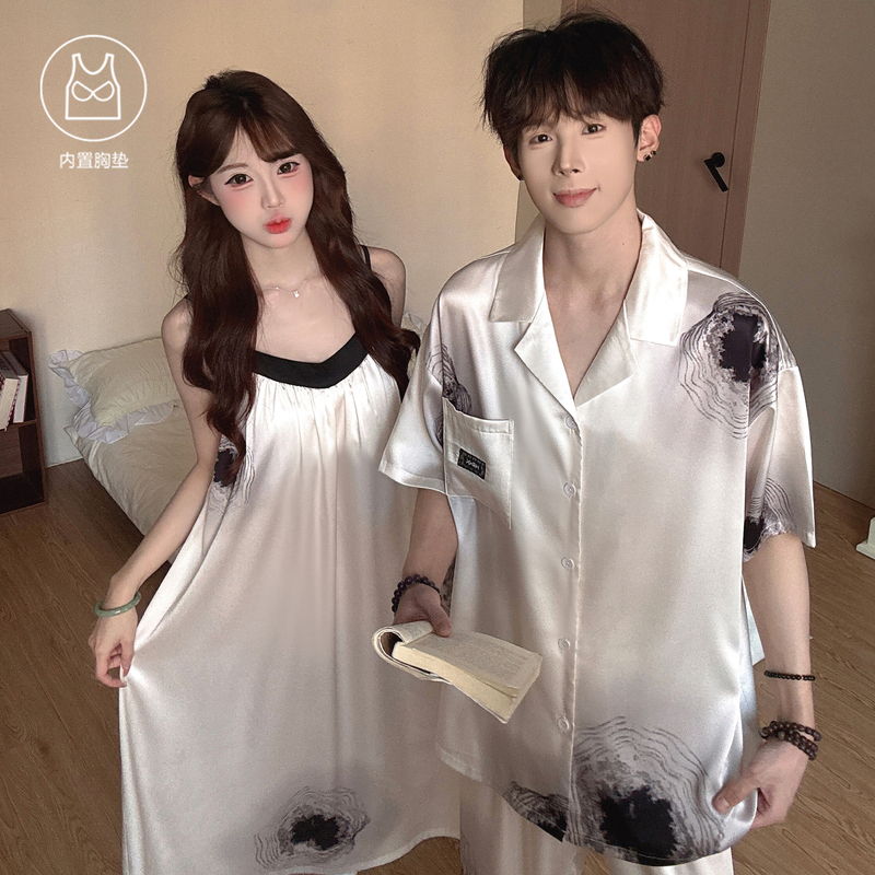 Summer Couple's Pajamas, Ice Silk with Chest Pads, Camisole Nightgown for Women, Short-Sleeve Long Pants, Men's Loungewear Set for Spring and Autumn Summer Couple's Pajamas, Ice Silk with Chest Pads, Camisole Nightgown for Women, Short-Sleeve Long Pants, Men's Loungewear Set for Spring and Autumn